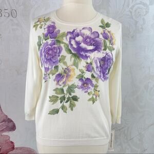 Alfred Dunner Cream Purple Crochet Floral Sweater Beaded Loire Valley